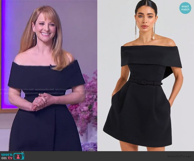 Melissa Rauch’s black off shoulder mini dress on The Jennifer Hudson Show