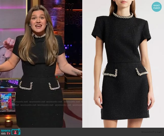 Kelly’s black embellished trim tweed dress on The Kelly Clarkson Show