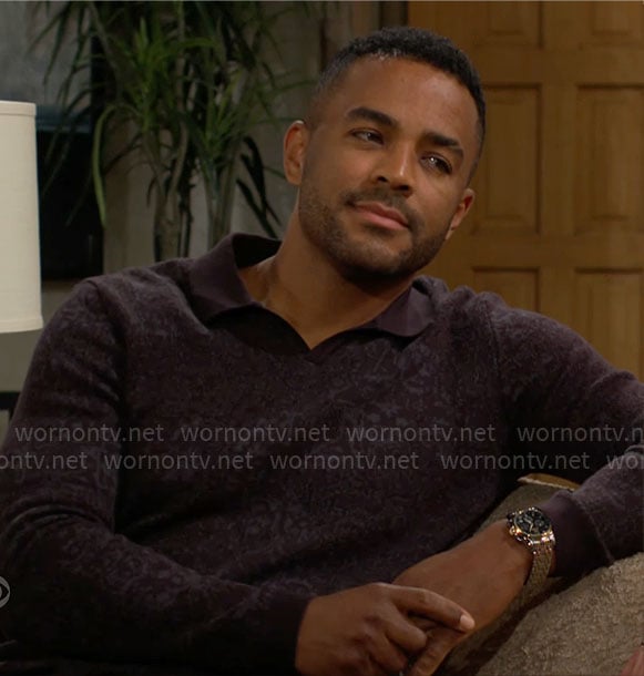 Nate’s purple printed polo sweater on The Young and the Restless