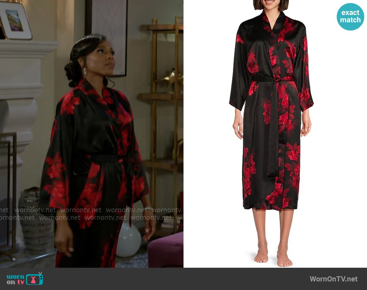 Natori Floral Printed Long Sleeve Shawl Collar Satin Robe worn by Hayley Lawson (Marquita Goings) on Beyond the Gates