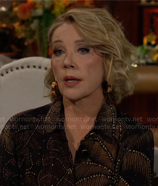 Nikki’s black printed blouse on The Young and the Restless