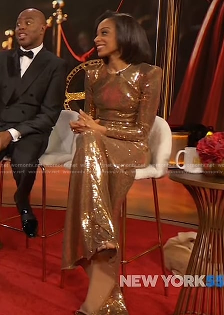 Nischelle Turner's gold sequin dress on The Drew Barrymore Show