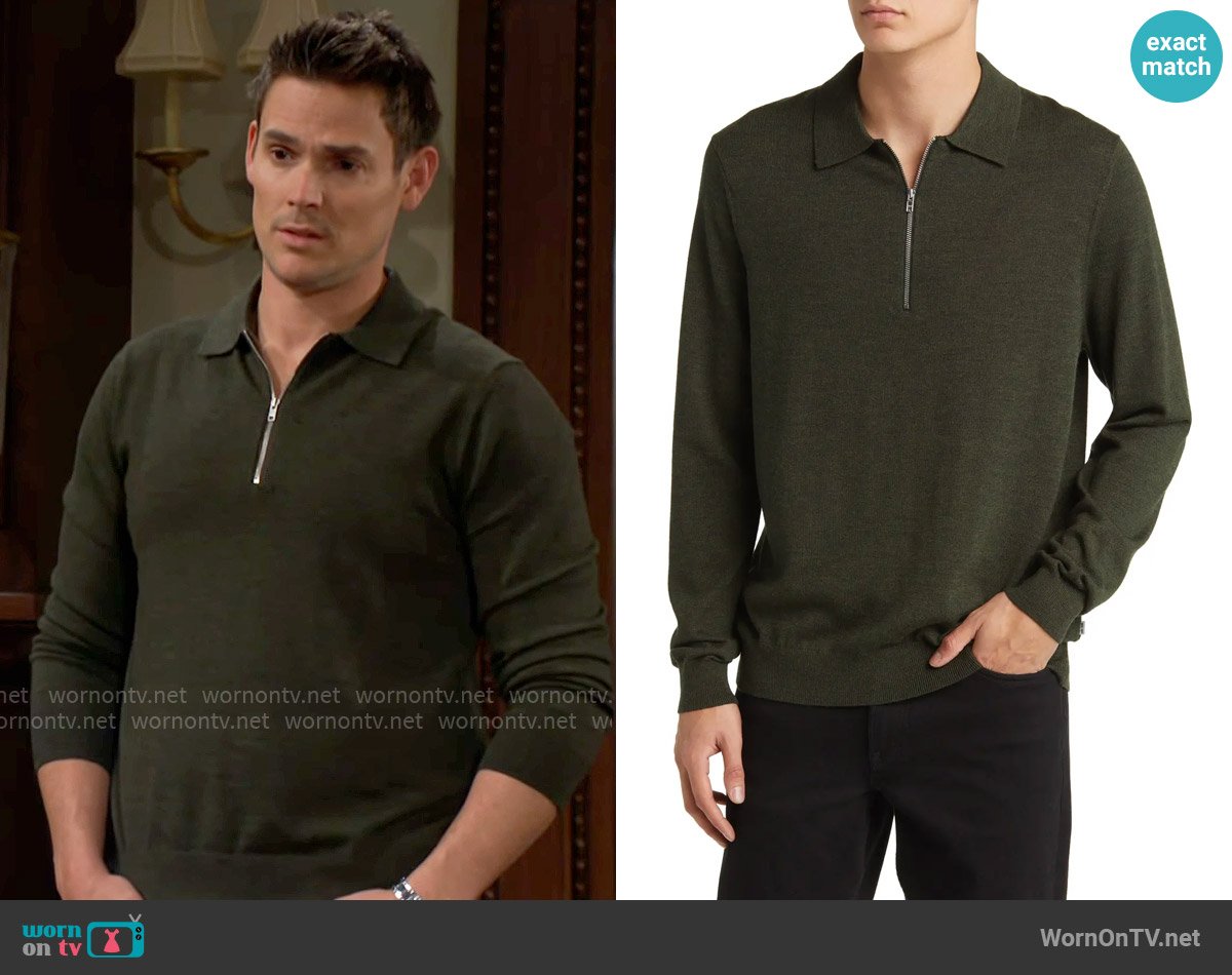 NN07 Quarter Zip Wool Polo Sweater in Dark Army worn by  Adam Newman (Mark Grossman) on The Young and the Restless