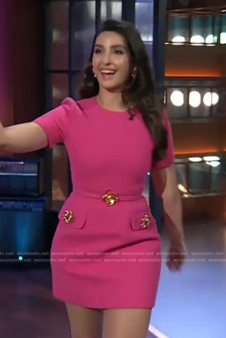 Nora Fatehi’s pink embellished tweed dress on The Kelly Clarkson Show