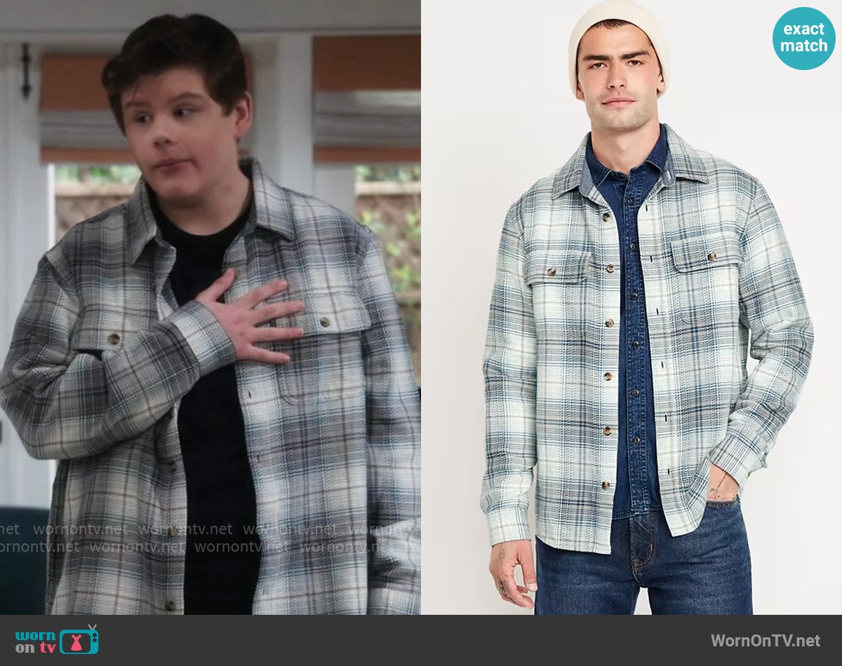 Carter’s blue plaid shirt on Shifting Gears