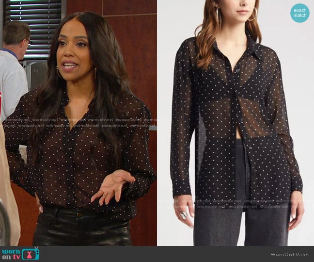 Open Edit Sheer Button-up Shirt in Black Ode Dot worn by Jada Hunter (Elia Cantu) on Days of our Lives