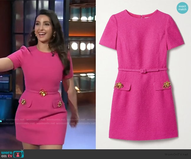 Oscar de la Renta Belted embellished cotton-blend tweed mini dress worn by Nora Fatehi on The Kelly Clarkson Show