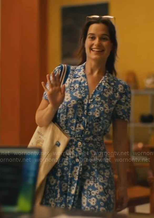 Piper's blue floral shirtdress on The White Lotus