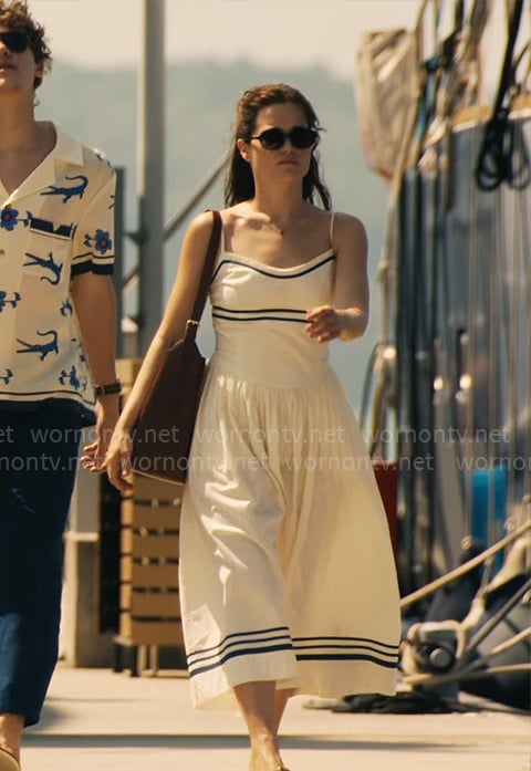 Piper's white stripe trim dress on The White Lotus