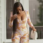 Porsha’s lavender floral print jumpsuit on The Real Housewives of Atlanta