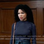 Portia’s blue rib knit top and leather skirt on General Hospital