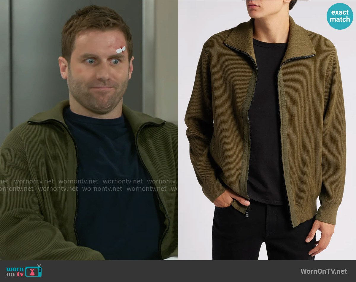 Rag and Bone Dexter Andrew Rib Organic Cotton Zip Cardigan in Forest Green worn by Derek Baldwin (Ben Gavin) on Beyond the Gates