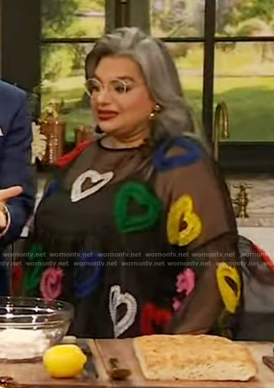 Rawaan Alkhatib’s heart embroidered dress on The Drew Barrymore Show