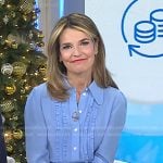 Savannah’s blue ruffle front blouse and tweed skirt on Today