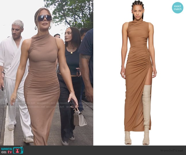 Khloe’s brown mesh sleeveless dress on The Kardashians