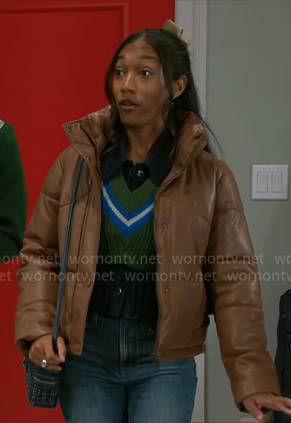 Samantha’s brown leather puffer jacket on Beyond the Gates