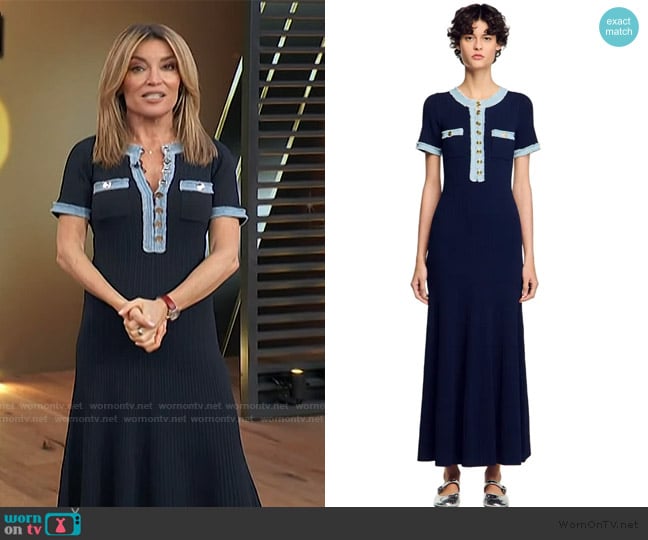 Sandro Knit and Denim Midi Dress worn by Kit Hoover on Access Hollywood