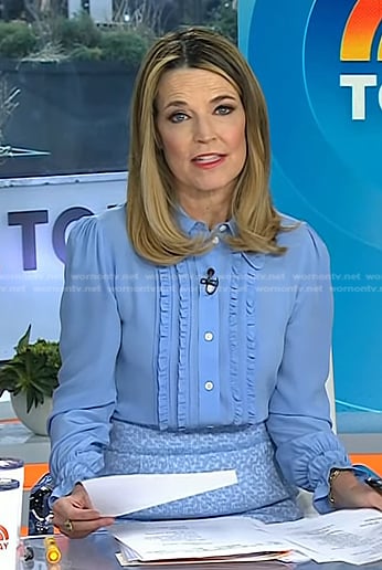 Savannah’s blue ruffle front blouse and tweed skirt on Today