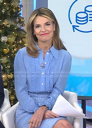 Savannah's blue ruffle front blouse and tweed skirt on Today