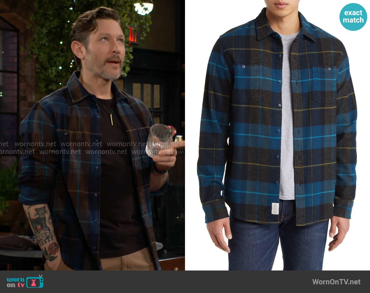 Schott NYC Two-Pocket Long Sleeve Flannel Button-Up Shirt in Blue / Green worn by Daniel Romalotti (Michael Graziadei) on The Young and the Restless