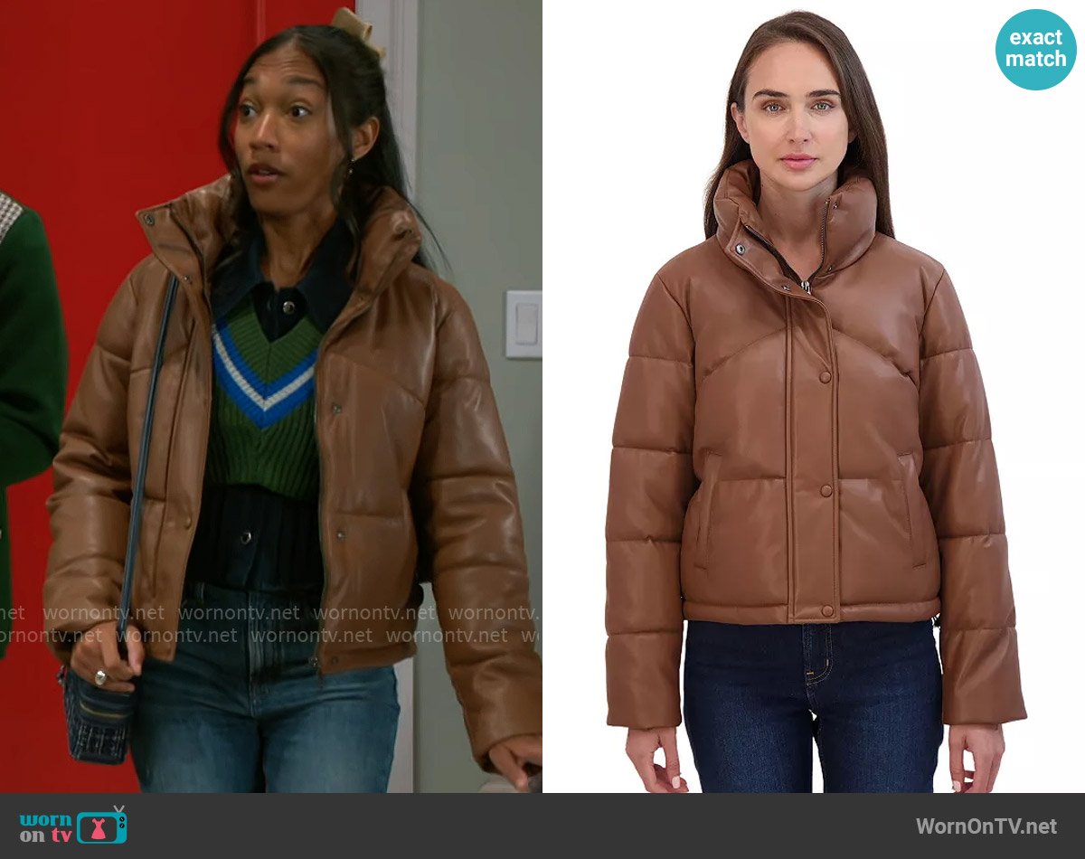 Sebby Faux Leather Puffer Coat in Toffee worn by Samantha Richardson (Najah Jackson) on Beyond the Gates