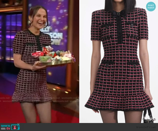 Alicia Vikander’s tweed check mini dress on The Kelly Clarkson Show