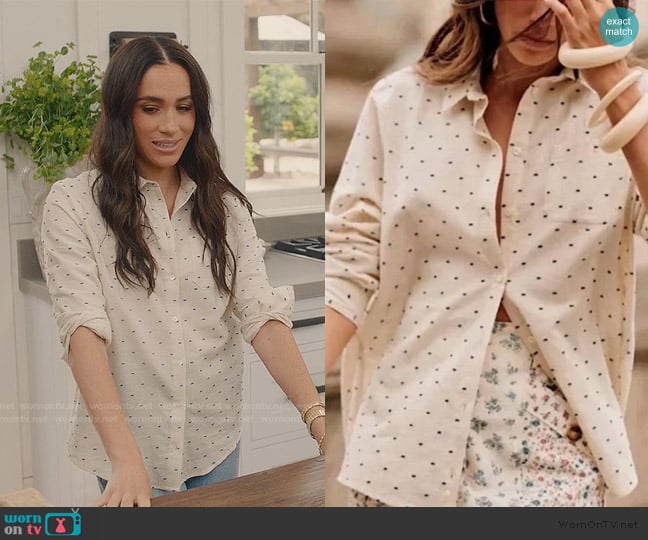 Sezane Plumetis Tomboy Shirt worn by Meghan Markle on With Love Meghan