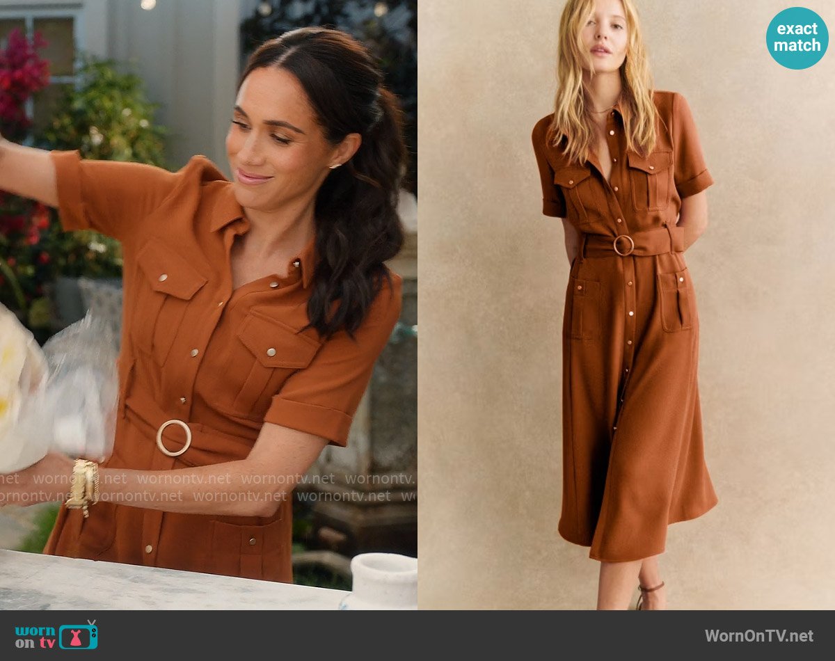 Sezane Raquel Dress in Caramel worn by Meghan Markle on With Love Meghan