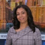 Shirleen’s grey plaid asymmetric dress on Good Morning America