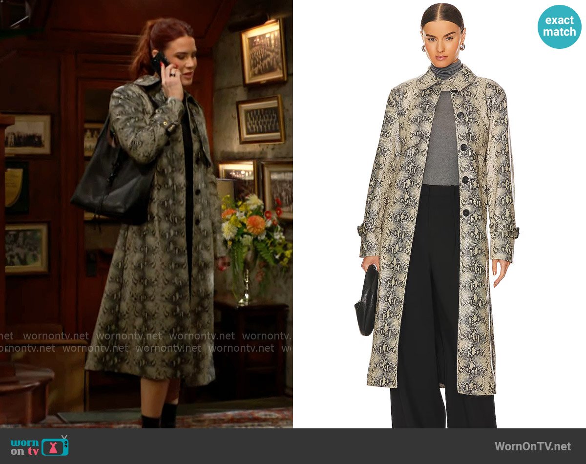 Simkhai Loretta Trench Coat in Macadamia Python worn by Sally Spectra (Courtney Hope) on The Young and the Restless