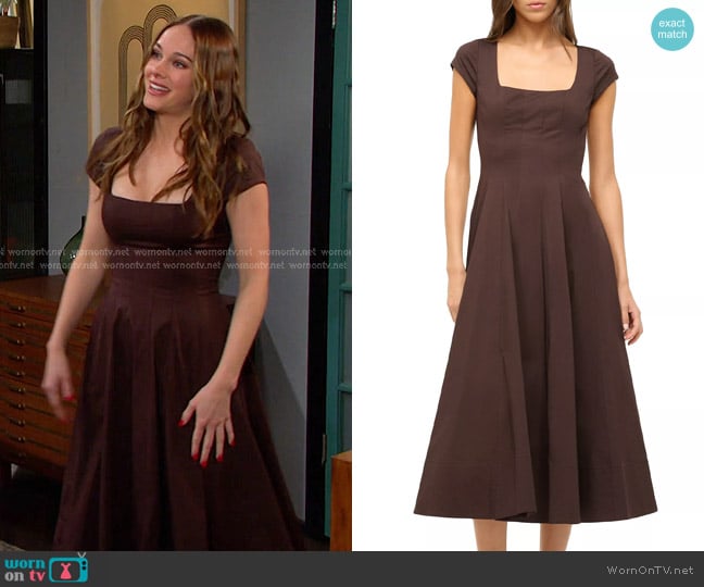 Staud Wells Stretch-Cotton Fit & Flare Midi-Dress in Earth worn by Stephanie Johnson (Abigail Klein) on Days of our Lives