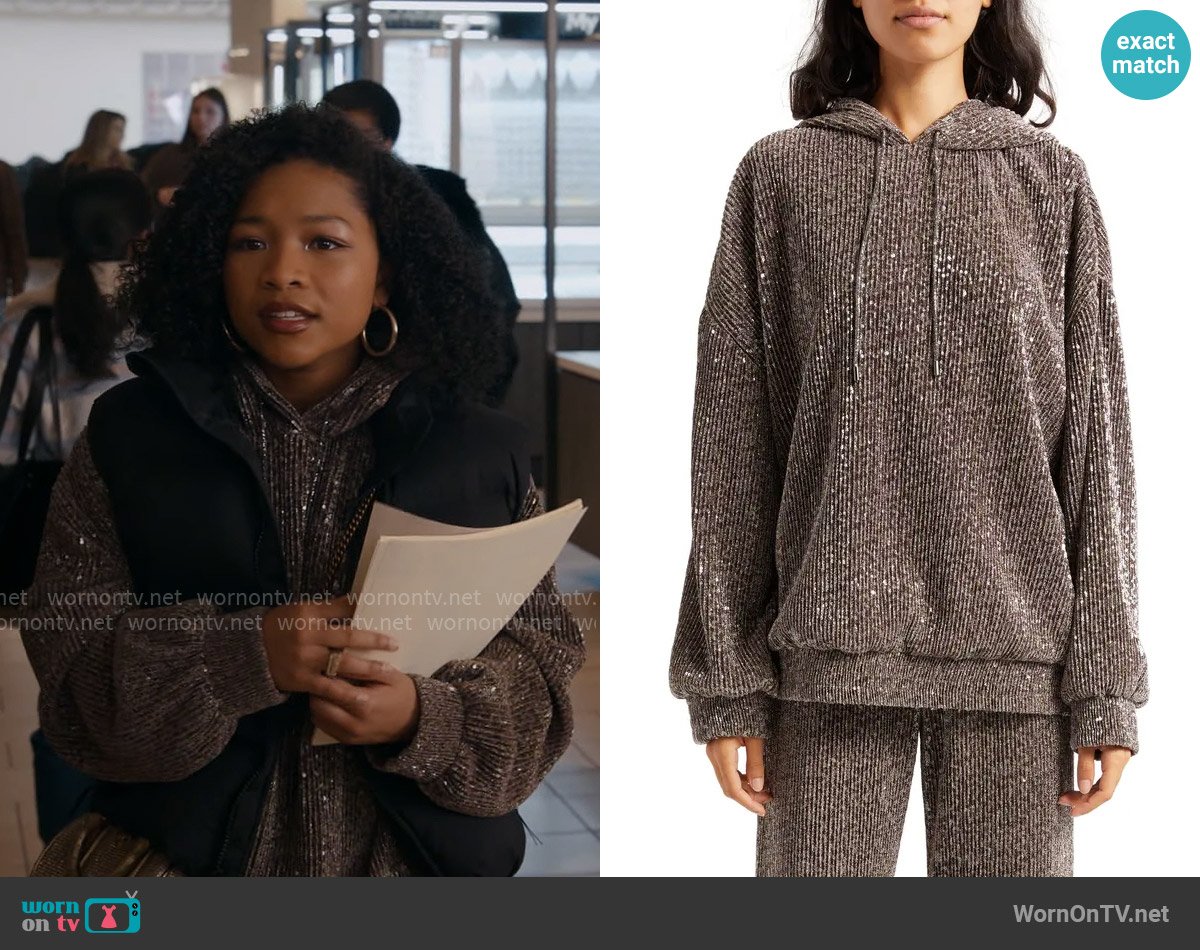 Stine Goya Jesper Sweatshirt In Holographic Sequin worn by Delilah (Laya DeLeon Hayes) on The Equalizer