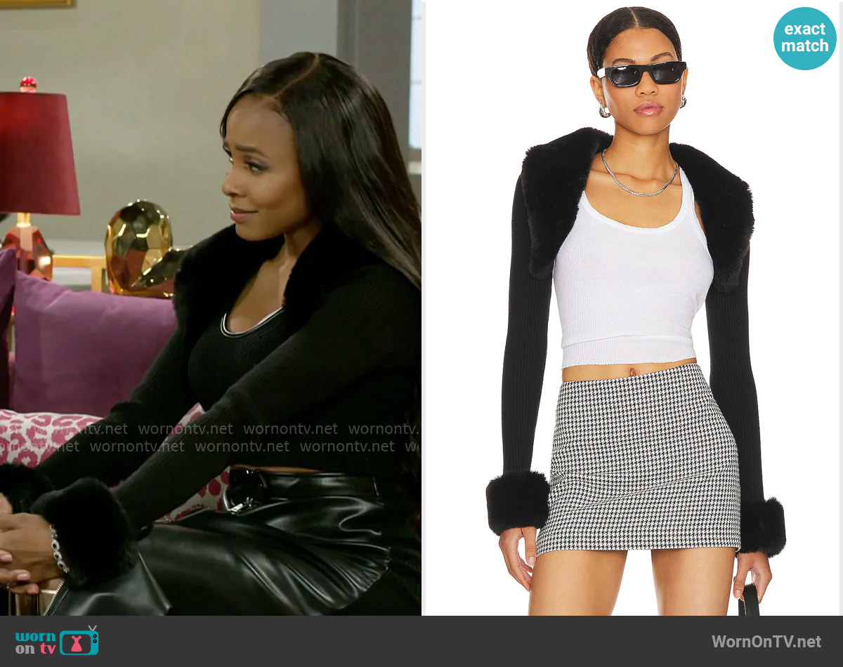 Superdown Amy Faux Fur Bolero worn by Hayley Lawson (Marquita Goings) on Beyond the Gates