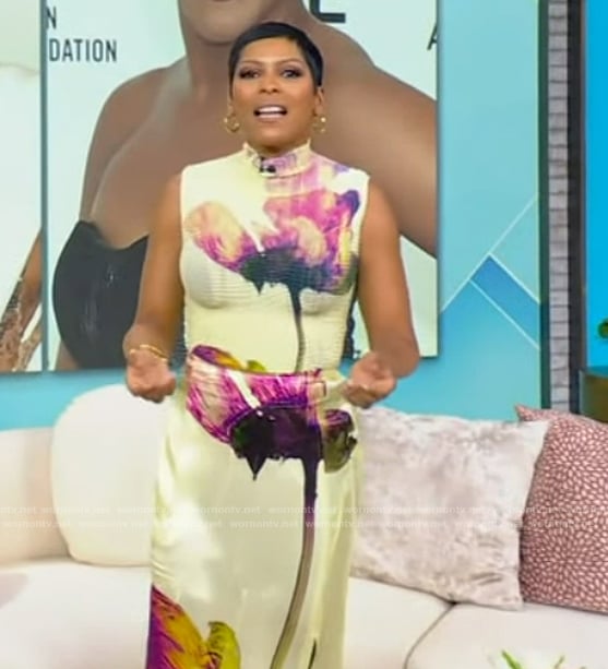 Tamron's floral print ribbed top and satin skirt on Tamron Hall Show