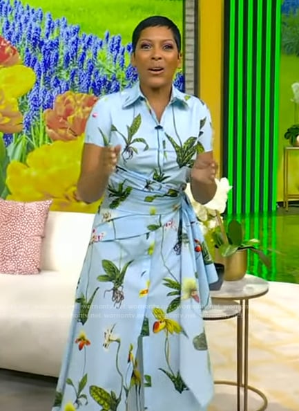 Tamron's blue floral print dress on Tamron Hall Show