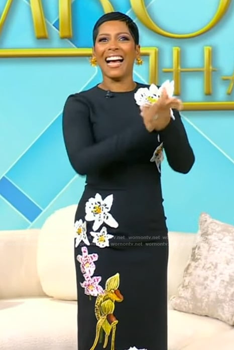 Tamron's black floral embroidered dress on Tamron Hall Show