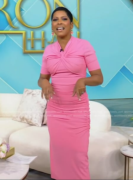 Tamron's pink twist neck dress on Tamron Hall Show