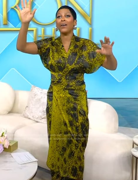 Tamron's green printed wrap dress on Tamron Hall Show