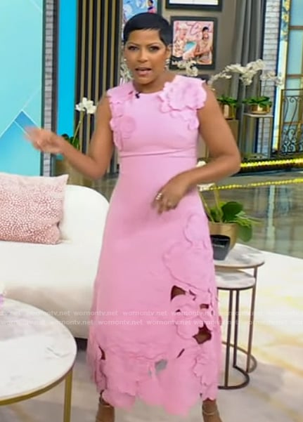 Tamron's pink floral lace dress on Tamron Hall Show