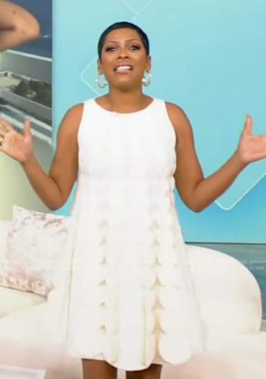 Tamron's white scallop trim mini dress on Tamron Hall Show