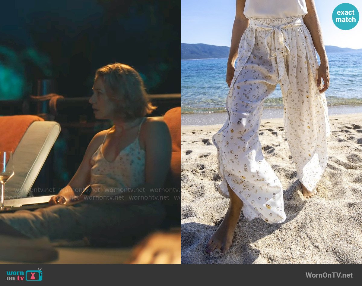 Tara Matthews Cupabia Silk Trousers worn by Laurie (Carrie Coon) on The White Lotus