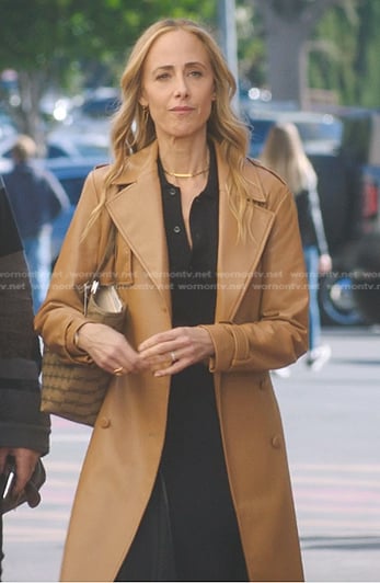 Teddy's black draped polo dress and leather trench coat on Greys Anatomy