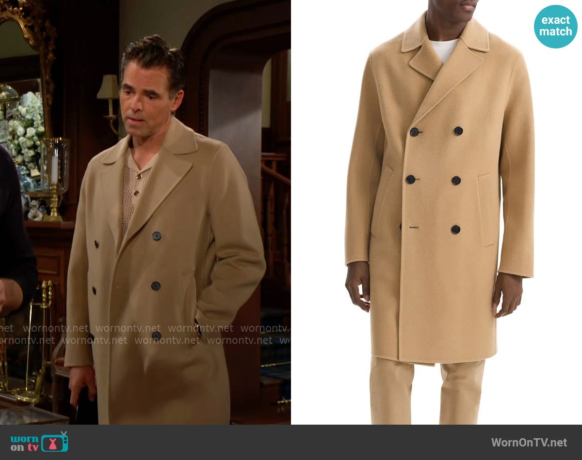 Theory Double Breasted Wool & Cashmere Coat in New Camel worn by Billy Abbott (Jason Thompson) on The Young and the Restless