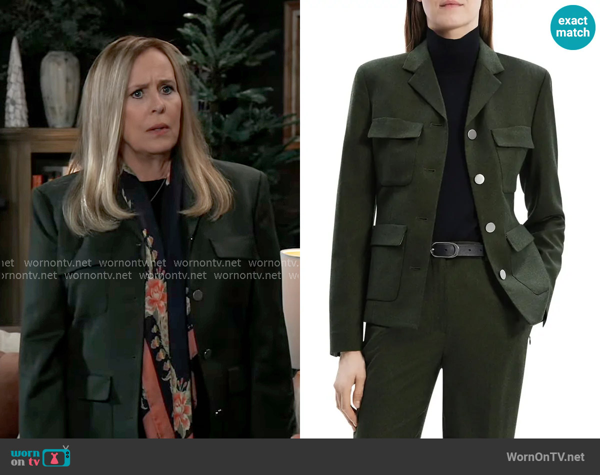 Theory Virgin Wool Military Jacket in Hunter Green Melange worn by Laura Collins (Genie Francis) on General Hospital