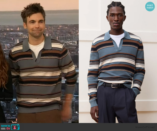 Todd Snyder Silk Cotton Beach Stripe Sweater Polo worn by Drew Tarver on The Drew Barrymore Show