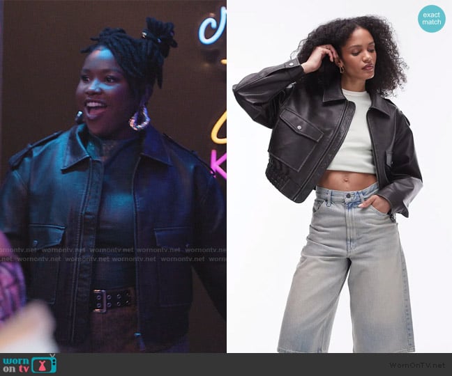 Topshop Faux Leather Crop Bomber Jacket worn by Erika (Courtney Taylor) on Abbott Elementary