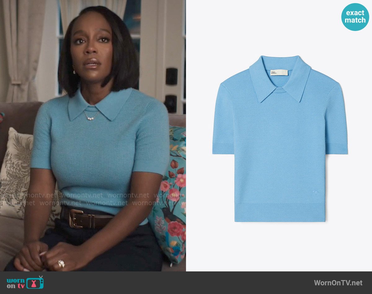 Tory Burch Wool Polo in Light Cerulean worn by Catherine (Aja Naomi King) on Grosse Pointe Garden Society