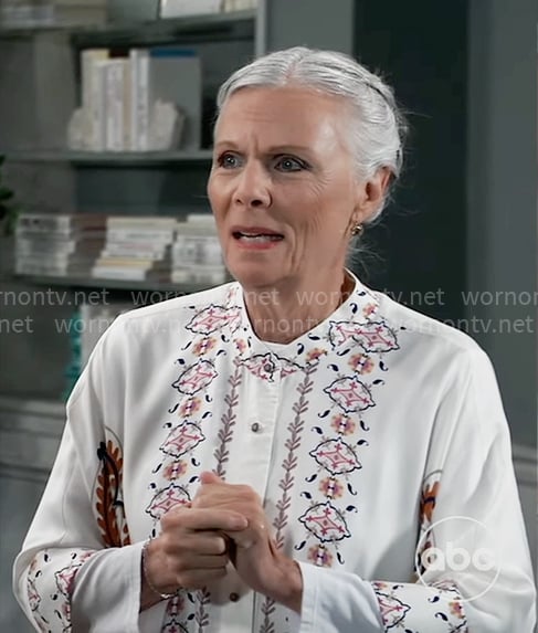 Tracy's white printed oversized blouse on General Hospital