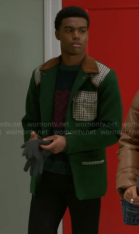 Tyrell’s green houndstooth patch jacket on Beyond the Gates