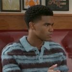 Tyrell’s blue fluffy striped polo sweater on Beyond the Gates